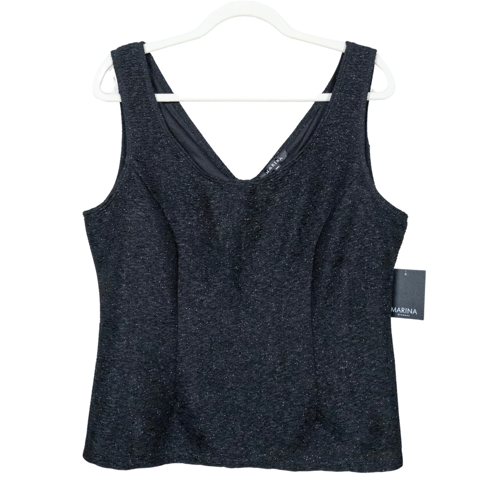 MARINA Black Shimmer Tank Top Crinkle Textured Formal Separates Women's Large